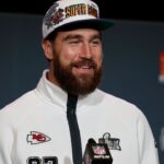Kansas City Chiefs tight end Travis Kelce (87) during a press conference in advance of Super Bowl LIX at New Orleans Marriott.