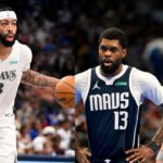 Anthony Davis (L) and Naji Marshall with Luka Doncic (R)