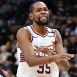 Phoenix Suns forward Kevin Durant (35) gestures to the referee for a foul call against the Toronto Raptors in the second half at Scotiabank Arena.