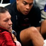 ; Irish mixed martial artist Conor McGregor looks on during the first half in game four of the 2023 NBA Finals between the Miami Heat and the Denver Nuggets at Kaseya Center.