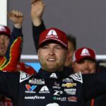 NASCAR Cup Series driver William Byron (24) reacts in victory lane after winning the Daytona 500 at Daytona International Speedway.