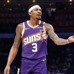 Phoenix Suns guard Bradley Beal (3) reacts to an officials play during the second half of a game against the Oklahoma City Thunder at Paycom Center.