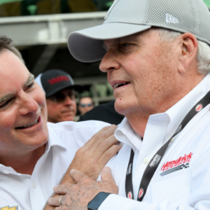 Jeff Gordon celebrates with Rick Hendrick their driver Kyle Larson (5) won the Brickyard 400, Sunday, July 21, 2024, at Indianapolis Motor Speedway.