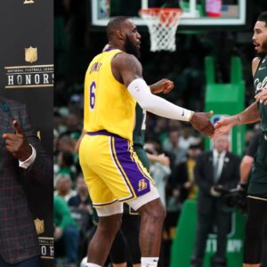 Shannon Sharpe (L), LeBron James and Jayson Tatum (R)