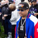 Philadelphia 76ers great Allen Iverson during the unveiling of the statue honoring him in a ceremony at the Philadelphia 76ers Training Complex.