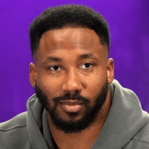 Cleveland Browns defensive end Myles Garrett on radio row at the Super Bowl LIX media center at the Ernest N. Morial Convention Center.