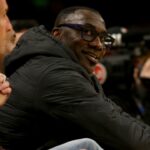 Mar 16, 2024; Los Angeles, California, USA; Shannon Sharpe during the second quarter between the Golden State Warriors and Los Angeles Lakers at Crypto.com Arena. Mandatory Credit: Jason Parkhurst-Imagn Images