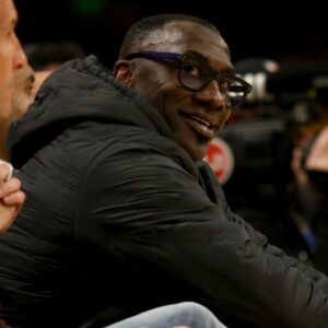 Mar 16, 2024; Los Angeles, California, USA; Shannon Sharpe during the second quarter between the Golden State Warriors and Los Angeles Lakers at Crypto.com Arena. Mandatory Credit: Jason Parkhurst-Imagn Images