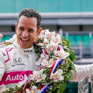 Helio Castroneves celebrates winning the105th Indianapolis 500 on May 31, 2021, tying the record for most wins in Indy 500 history.