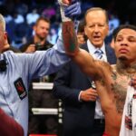 Gervonta Davis reacts to his victory by knockout against Francisco Fonseca during a boxing match at T-Mobile Arena.