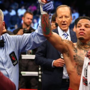 Gervonta Davis reacts to his victory by knockout against Francisco Fonseca during a boxing match at T-Mobile Arena.