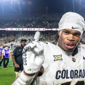 CU football standout athlete Travis Hunter flashes a No. 1 with his finger after a win against CSU in the Rocky Mountain Showdown at Canvas Stadium on Saturday, Sept. 14, 2024, in Fort Collins, Colo.