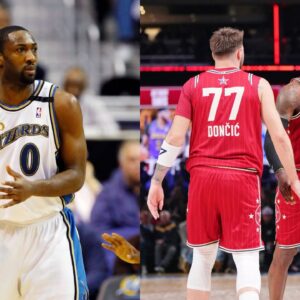 Gilbert Arenas (L), Luka Doncic and LeBron James (R)