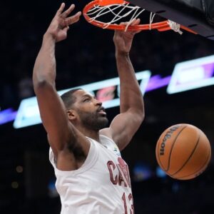 Cleveland Cavaliers center Tristan Thompson (13) dunks the ball against the Toronto Raptors during the second half at Scotiabank Arena