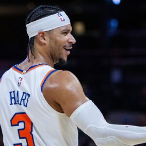 New York Knicks guard Josh Hart (3) talks to fans in the second half against the Indiana Pacers at Gainbridge Fieldhouse.
