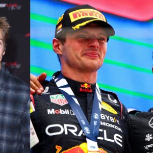 Liam Lawson (L), Max Verstappen and Lewis Hamilton (R)