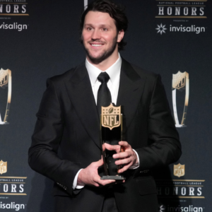 Buffalo Bills quarterback Josh Allen poses wtih the Most Valuable Player award during Super Bowl LIX NFL Honors at Saenger Theatre.