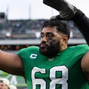 Philadelphia Eagles offensive tackle Jordan Mailata (68) reacts against the Dallas Cowboys at Lincoln Financial Field.
