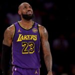 Los Angeles Lakers forward LeBron James (23) reacts during the second quarter against the New York Knicks at Madison Square Garden.