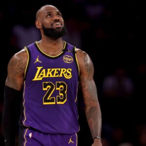 Los Angeles Lakers forward LeBron James (23) reacts during the second quarter against the New York Knicks at Madison Square Garden.