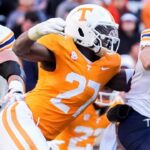 Tennessee defensive lineman James Pearce Jr. sacks UTEP quarterback JP Pickles during a college football game between Tennessee and UTEP at Neyland Stadium in Knoxville, Tenn., on Saturday, Nov. 23, 2024.