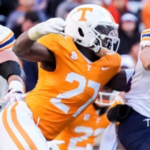 Tennessee defensive lineman James Pearce Jr. sacks UTEP quarterback JP Pickles during a college football game between Tennessee and UTEP at Neyland Stadium in Knoxville, Tenn., on Saturday, Nov. 23, 2024.
