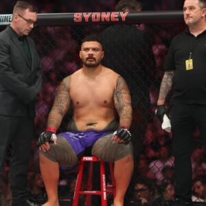 Justin Tafa of New Zealand looks on after his loss to Tallison Teixera of Brazil during the UFC 312 event at Qudos Bank Arena in Sydney, Sunday, February 9, 2025.