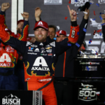 Feb 16, 2025; Daytona Beach, Florida, USA; NASCAR Cup Series driver William Byron (24) reacts in victory lane after winning the Daytona 500 at Daytona International Speedway. Mandatory Credit: Peter Casey-Imagn Images