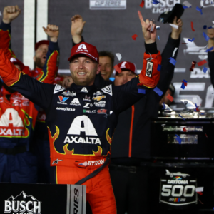 Feb 16, 2025; Daytona Beach, Florida, USA; NASCAR Cup Series driver William Byron (24) reacts in victory lane after winning the Daytona 500 at Daytona International Speedway. Mandatory Credit: Peter Casey-Imagn Images