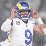 Jan 19, 2025; Philadelphia, Pennsylvania, USA; Los Angeles Rams quarterback Matthew Stafford (9) calls a play from the line of scrimmage in the third quarter against the Philadelphia Eagles in a 2025 NFC divisional round game at Lincoln Financial Field.