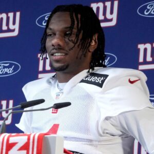 New York Giants wide receiver Malik Nabers (1) during press conference at the FC Bayern Munchen training grounds at Sabener Strasse.