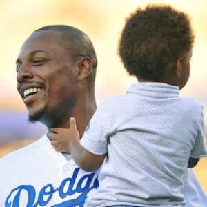 Los Angeles Clippers forward Paul Pierce in attendance with son Prince before the Los Angeles Dodgers play against the Oakland Athletics at Dodger Stadium.