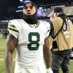 Green Bay Packers running back Josh Jacobs (8) reacts after the game against the Philadelphia Eagles in an NFC wild card game at Lincoln Financial Field.