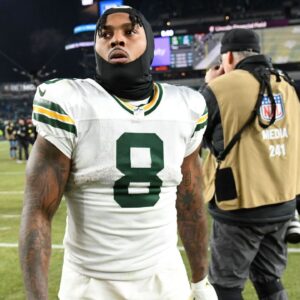 Green Bay Packers running back Josh Jacobs (8) reacts after the game against the Philadelphia Eagles in an NFC wild card game at Lincoln Financial Field.