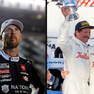 Denny Hamlin (L) and Dale Earnhardt Sr. with his son Dale Earnhardt Jr. (R).