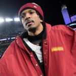 Jan 26, 2025; Philadelphia, PA, USA; Washington Commanders quarterback Jayden Daniels (5) walks off the field after losing the NFC Championship game against the Philadelphia Eagles at Lincoln Financial Field.