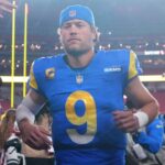 Jan 13, 2025; Glendale, AZ, USA; Los Angeles Rams quarterback Matthew Stafford (9) reacts after the NFC wild card game against the Minnesota Vikings at State Farm Stadium.
