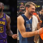 LeBron James (L) and Luka Doncic with Kobe Bryant (R)