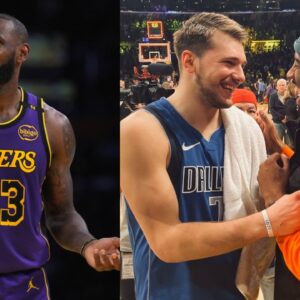 LeBron James (L) and Luka Doncic with Kobe Bryant (R)