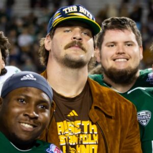 Dec 30, 2022; Tucson, AZ, USA; Barstool Sports personality Taylor Lewan poses for a photo with Ohio Bobcats players following the 2022 Barstool Sports Arizona Bowl at Arizona Stadium.