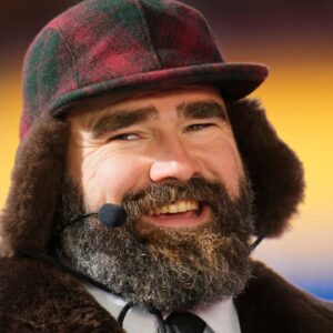 Philadelphia Eagles former player and ESPN commentator Jason Kelce reacts before in a 2025 AFC divisional round game between the Kansas City Chiefs and the Houston Texans at GEHA Field at Arrowhead Stadium.