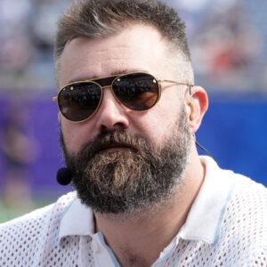 Jason Kelce on the ESPN postseason countdown set during the 2025 Pro Bowl Games at Camping World Stadium.