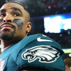 Philadelphia Eagles quarterback Jalen Hurts (1) reacts on the field after defeating the Kansas City Chiefs in Super Bowl LIX at Ceasars Superdome.