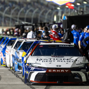 The car of NASCAR Cup Series driver Denny Hamlin (11) sits on pit road during qualifying for the Daytona 500 at Daytona International Speedway.