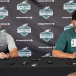 Philadelphia Eagles general manager Howie Roseman (L) and head coach Nick Sirianni (R) speak with the media at training camp at NovaCare Complex.