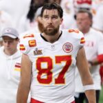 Feb 9, 2025; New Orleans, LA, USA; Kansas City Chiefs tight end Travis Kelce (87) walks off the field at the end of the first half of Super Bowl LIX at Caesars Superdome.