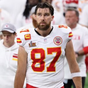 Feb 9, 2025; New Orleans, LA, USA; Kansas City Chiefs tight end Travis Kelce (87) walks off the field at the end of the first half of Super Bowl LIX at Caesars Superdome.
