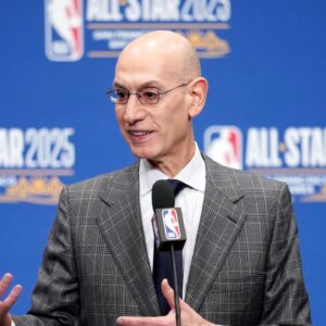 NBA commissioner Adam Silver speaks in a press conference during All Star Saturday Night ahead of the 2025 NBA All Star Game at Chase Center.
