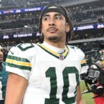 Green Bay Packers quarterback Jordan Love (10) reacts after the game against the Philadelphia Eagles in an NFC wild card game at Lincoln Financial Field.
