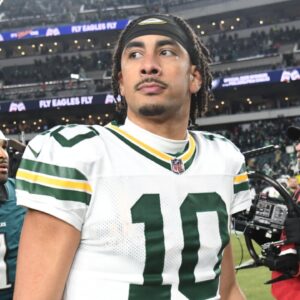 Green Bay Packers quarterback Jordan Love (10) reacts after the game against the Philadelphia Eagles in an NFC wild card game at Lincoln Financial Field.